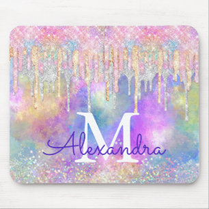 Chic colorful unicorn dripping glitter monogram mouse mat