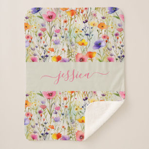 Chic colorful wildflowers watercolor script name sherpa blanket