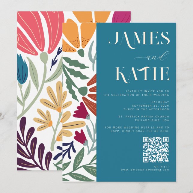 Chic Colourful Abstract Floral Retro Wedding QR Invitation (Front/Back)