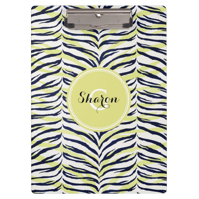 Chic colourful black & yellow zebra print monogram clipboard (Front)