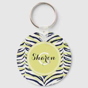 Chic colourful black & yellow zebra print monogram key ring
