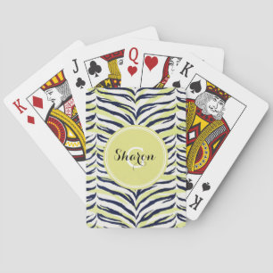 Chic colourful black & yellow zebra print monogram playing cards