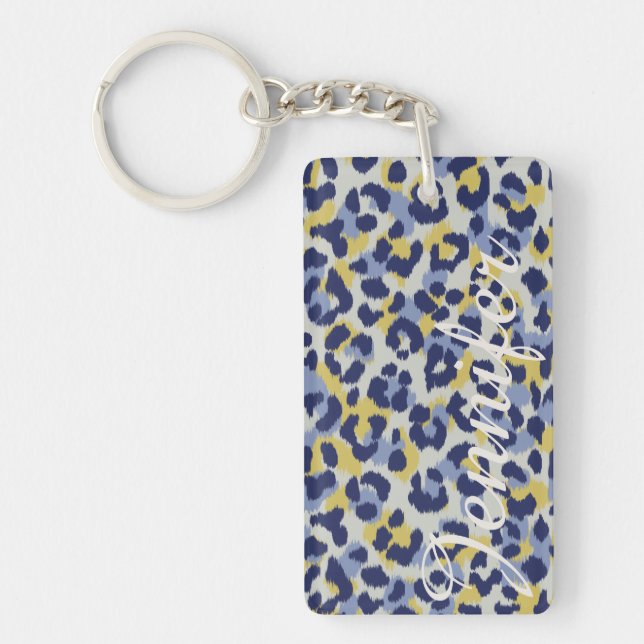 Chic colourful blue yellow cheetah print monogram key ring (Front)