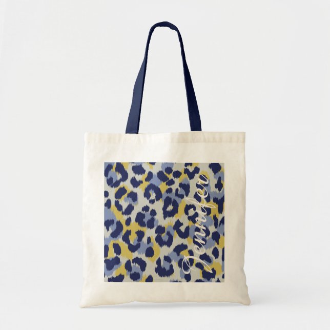 Chic colourful blue yellow cheetah print monogram tote bag (Front)