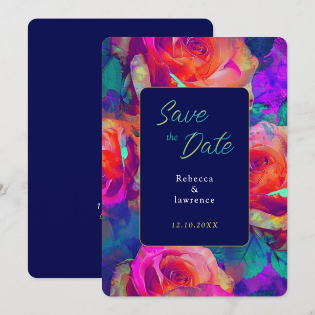 Chic colourful bright flowers wedding save the date (Front/Back)
