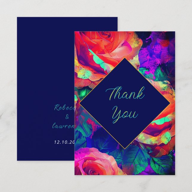 Chic colourful bright flowers wedding thank you card (Front/Back)
