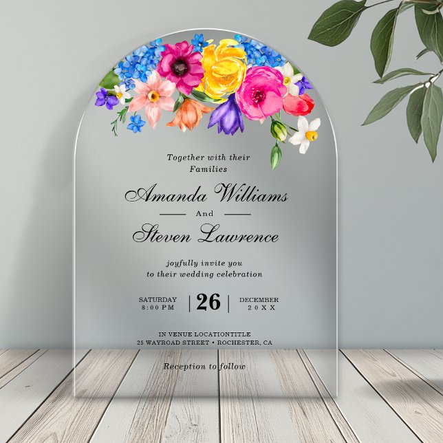 Chic colourful bright wildflowers wedding arch  acrylic invitations (Creator Uploaded)
