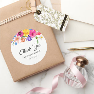 Chic colourful bright wildflowers wedding thank yo classic round sticker