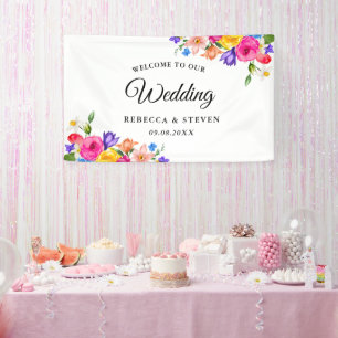 Chic colourful bright wildflowers wedding welcome banner