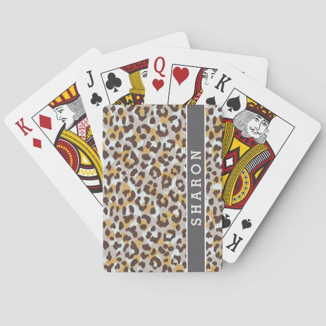 Chic colourful brown gold cheetah print monogram playing cards (Back)