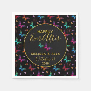 Chic Colourful Butterflies on Black Wedding Napkin