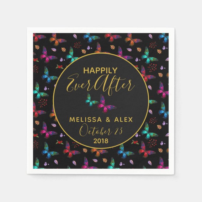 Chic Colourful Butterflies on Black Wedding Napkin (Front)