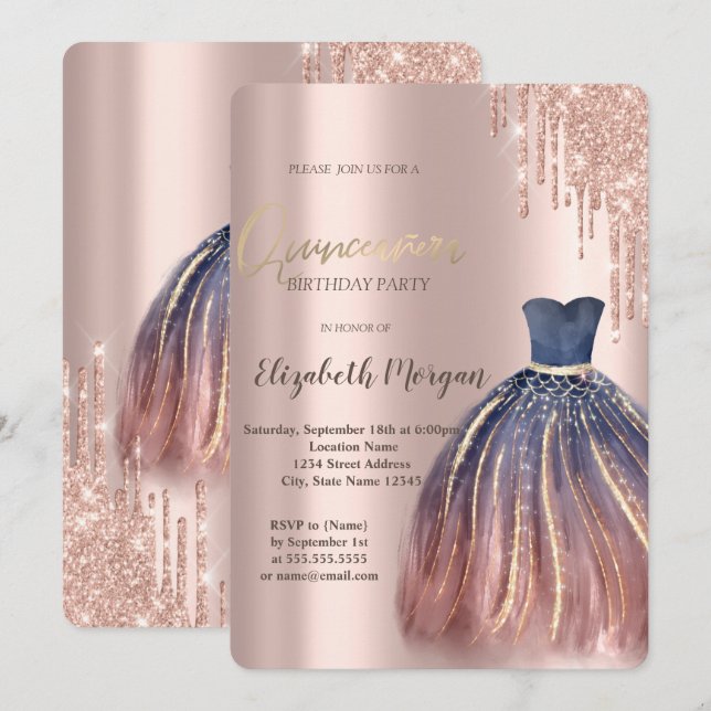 Chic Colourful Dress, Rose Gold Drips Quinceanera Invitation (Front/Back)