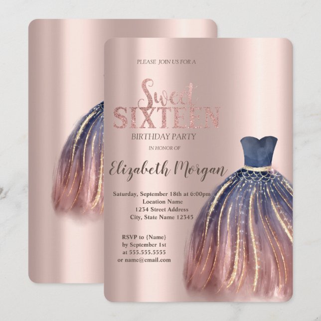 Chic Colourful Dress, Rose Gold Sweet 16 Invitation (Front/Back)