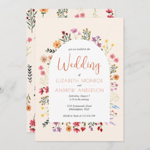 Chic Colourful Fall Wildflower Arch Wedding Script Invitation