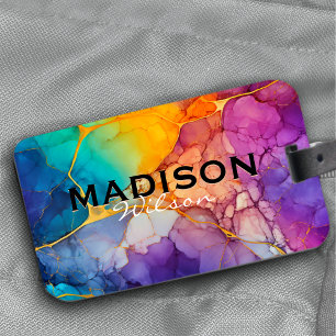 Chic colourful faux gold glitter marbling monogram luggage tag