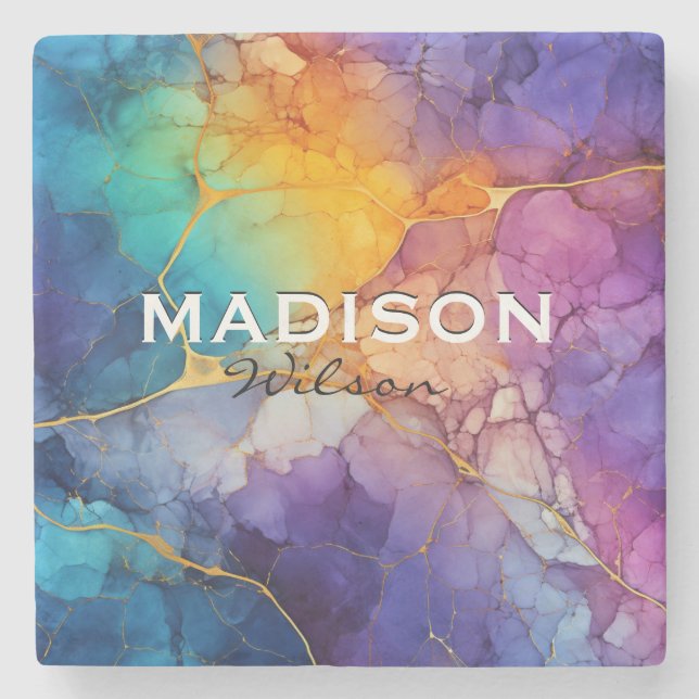 Chic colourful faux gold glitter marbling monogram stone coaster (Front)