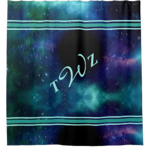 Chic Colourful Galaxy Outer Space Teal Monogram Shower Curtain