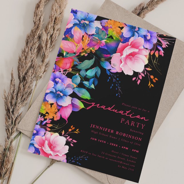 Chic Colourful Garden Floral Graduation Black  Invitation (Chic Colorful Garden Floral Graduation Black Invitation)