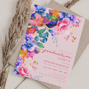 Chic Colourful Garden Floral Graduation Blush  Invitation