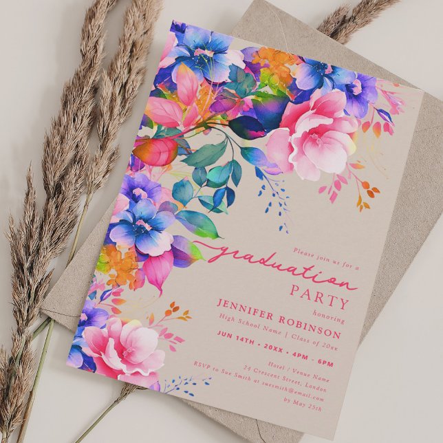 Chic Colourful Garden Floral Graduation Champagne  Invitation (Chic Colorful Garden Floral Graduation Champagne Invitation)