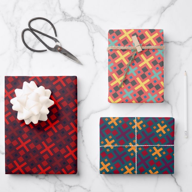Chic Colourful Geometric Cross Rectangle Pattern Wrapping Paper Sheet (Front)