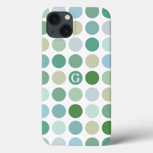 Chic colourful green polka dots pattern monogram iPhone 13 case