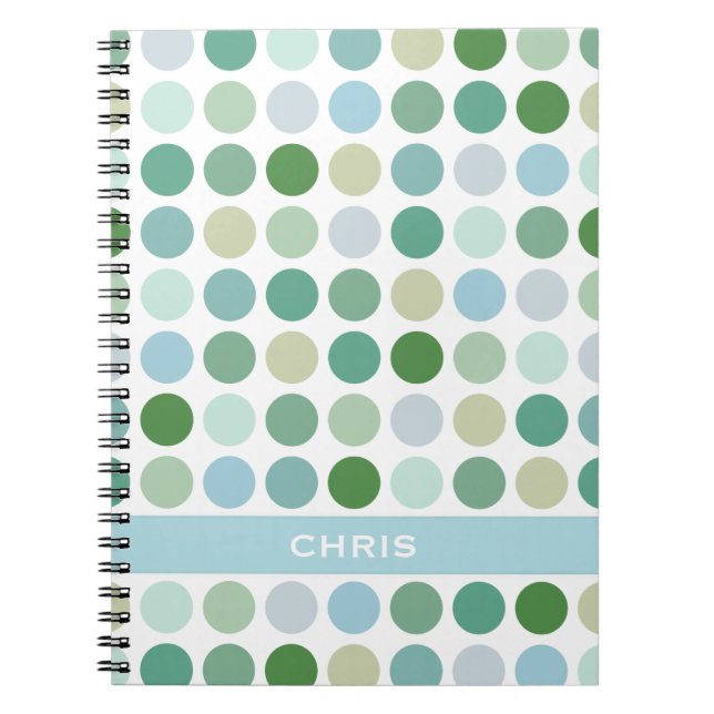 Chic colourful green polka dots pattern monogram notebook (Front)