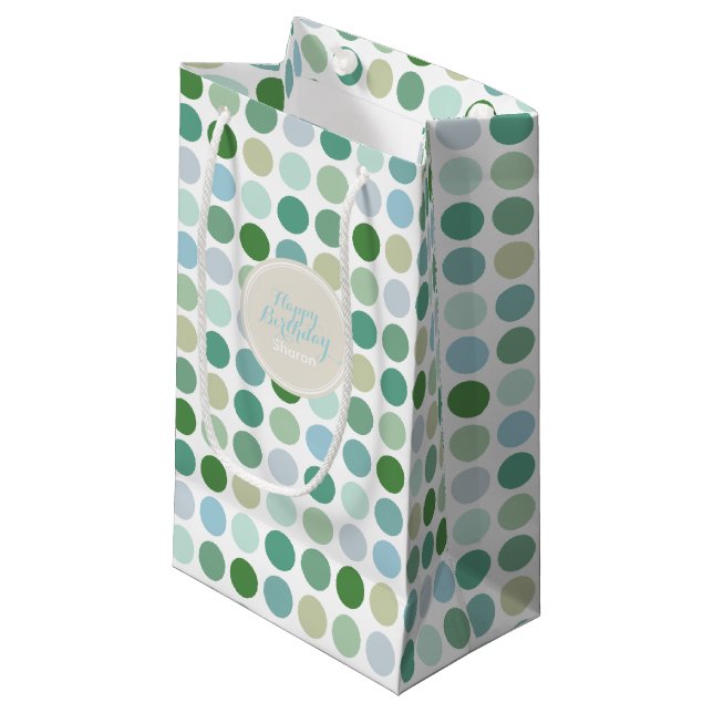 Chic colourful green polka dots pattern monogram small gift bag (Front Angled)