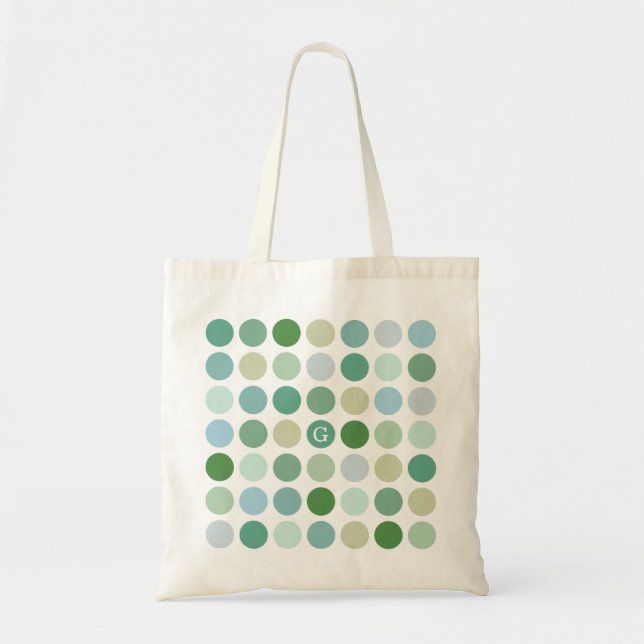 Chic colourful green polka dots pattern monogram tote bag (Front)