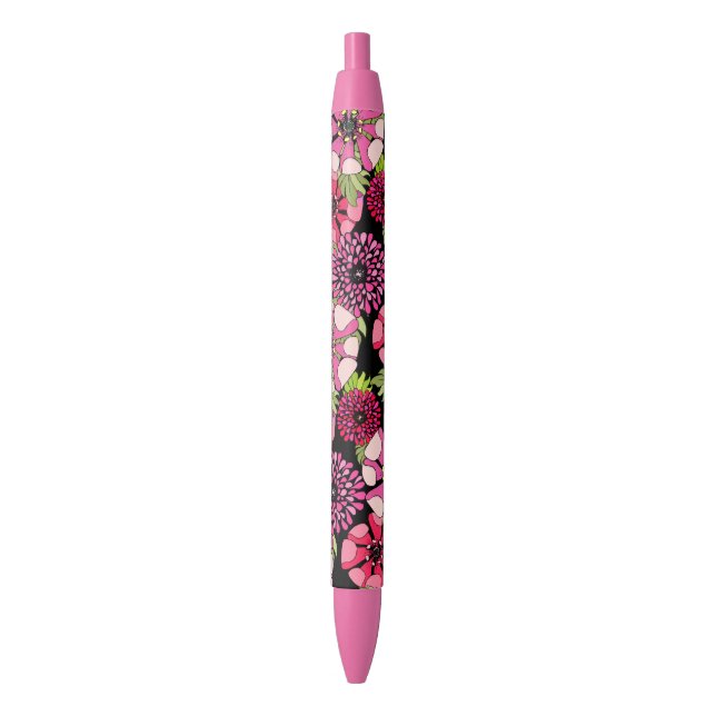 Chic Colourful Magnolia Flowers Pattern On Black Black Ink Pen (Front Vertical)