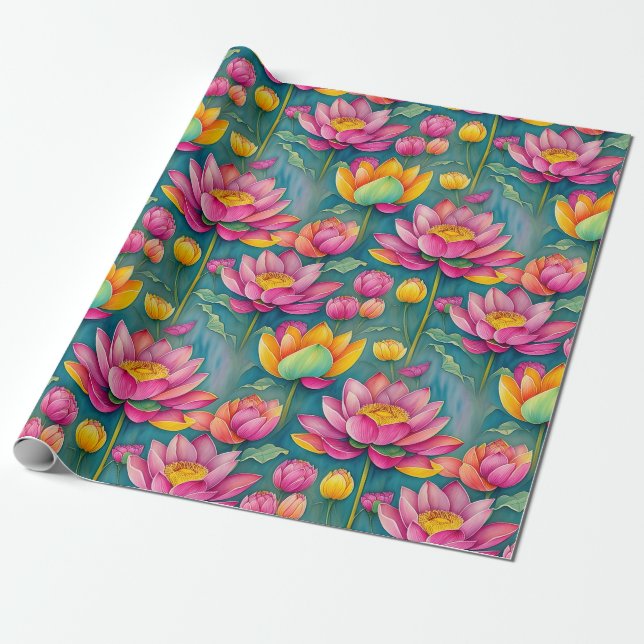 Chic Colourful Pink Lotus Flower Botanical Greener Wrapping Paper (Unrolled)
