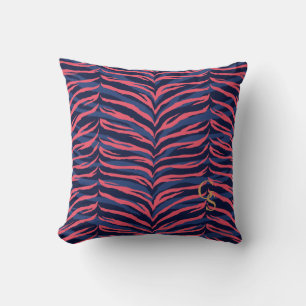 Chic colourful pink navy zebra print monogram cushion