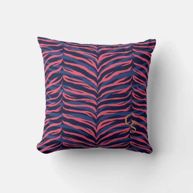 Chic colourful pink navy zebra print monogram cushion (Front)
