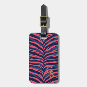 Chic colourful pink navy zebra print monogram luggage tag