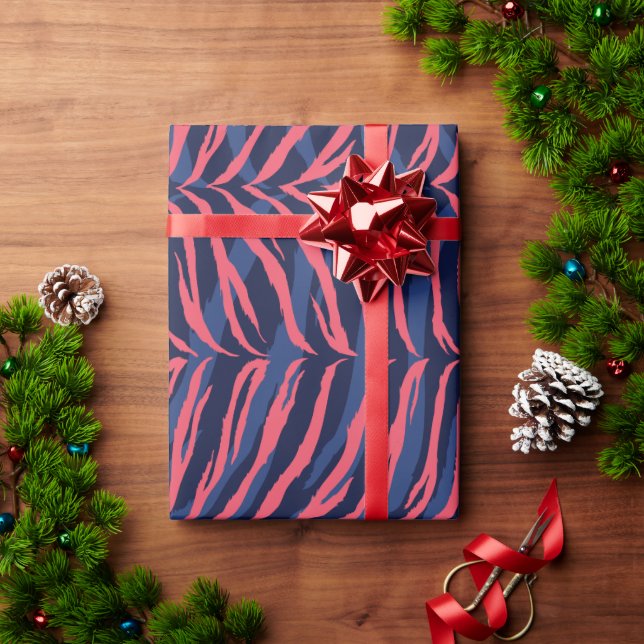 Chic colourful pink navy zebra print monogram wrapping paper (Holiday Gift)