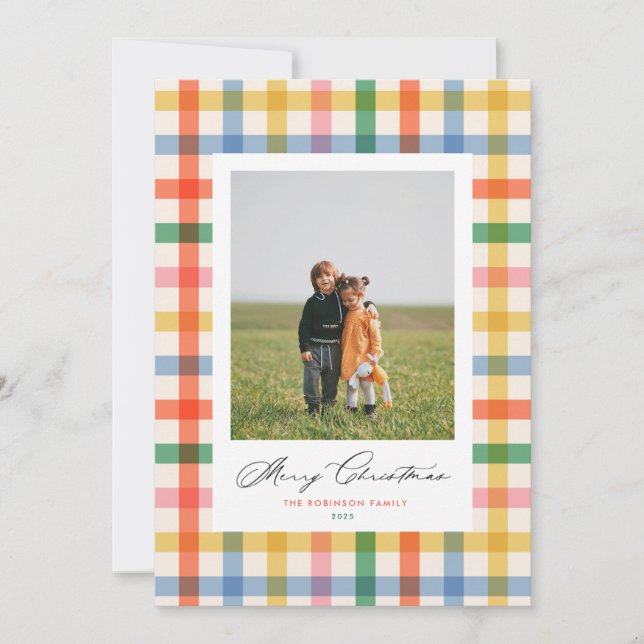 Chic Colourful Plaid Modern Christmas Photo Card (Front)
