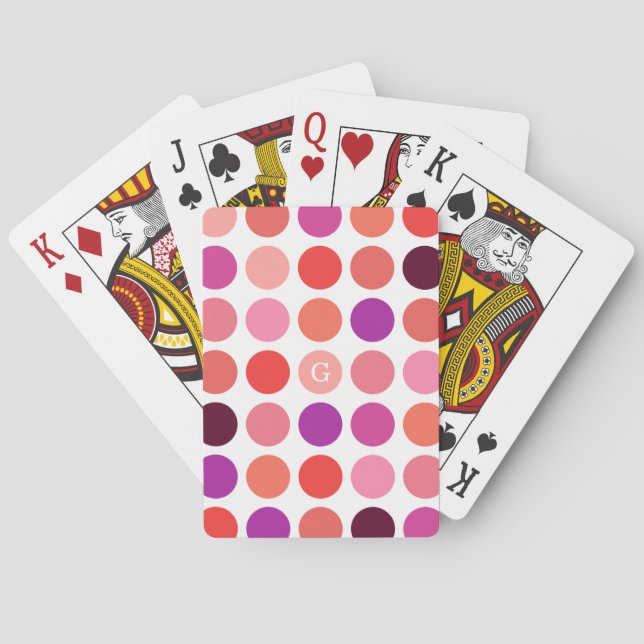 Chic colourful polka dots pattern monogram playing cards (Back)