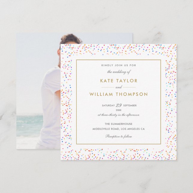 Chic Colourful Rainbow Confetti Photo Wedding Invitation (Front/Back)