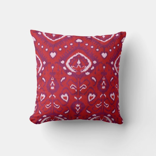 Chic colourful red and purple ikat tribal patterns cushion (Front)