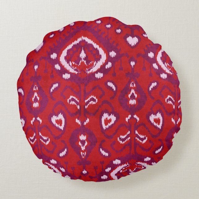 Chic colourful red and purple ikat tribal patterns round cushion (Back)