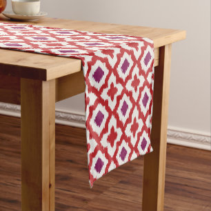 Chic colourful red and purple ikat tribal patterns short table runner