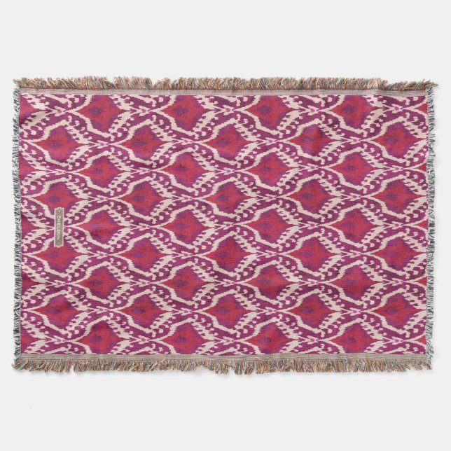 Chic colourful red and purple ikat tribal patterns throw blanket (Front)