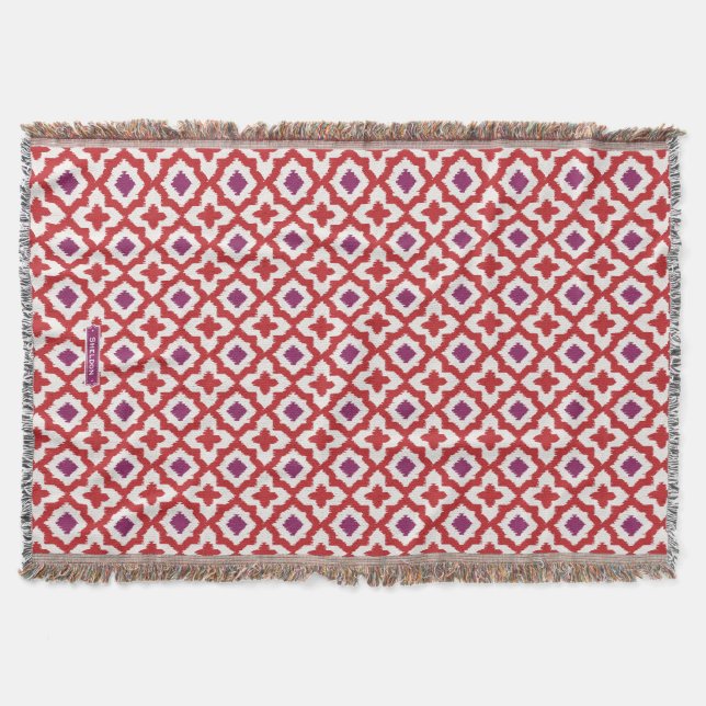 Chic colourful red and purple ikat tribal patterns throw blanket (Front)