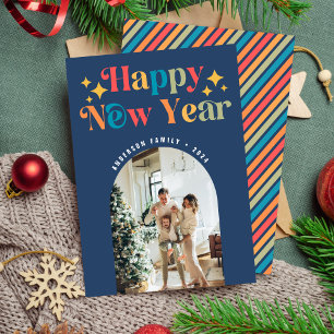 Chic Colourful Retro Happy New Year Photo Holiday Card
