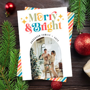 Chic Colourful Retro Merry & Bright Christmas Phot Holiday Card
