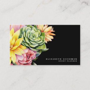 Chic Colourful Succulents Black Business Cards