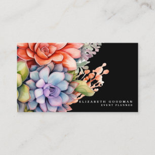 Chic Colourful Succulents Black Business Cards