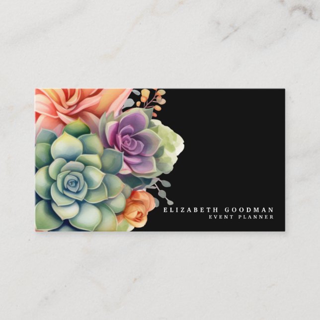 Chic Colourful Succulents Black Business Cards (Front)