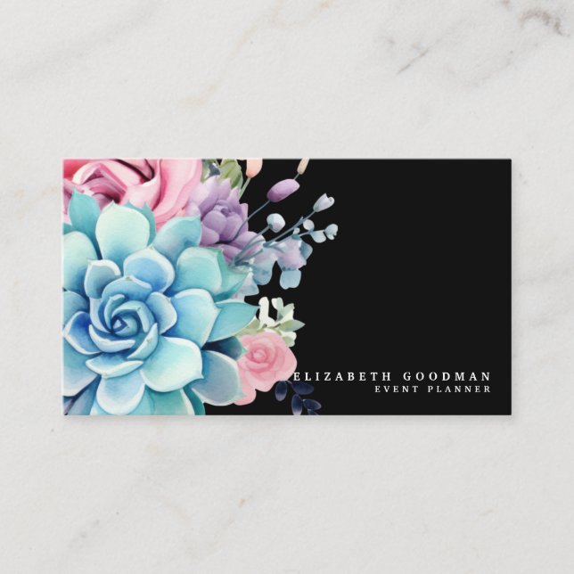 Chic Colourful Succulents Black Business Cards (Front)